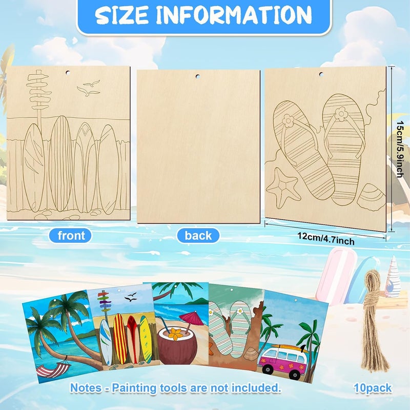 COCHIE 10 Pieces Large Summer Unfinished Wood Crafts to Paint for Adults, Bulk Predrilled Wooden Ornaments for Painting, Beach Paintable Wood Slices Craft Supplies with Ropes - Image 2